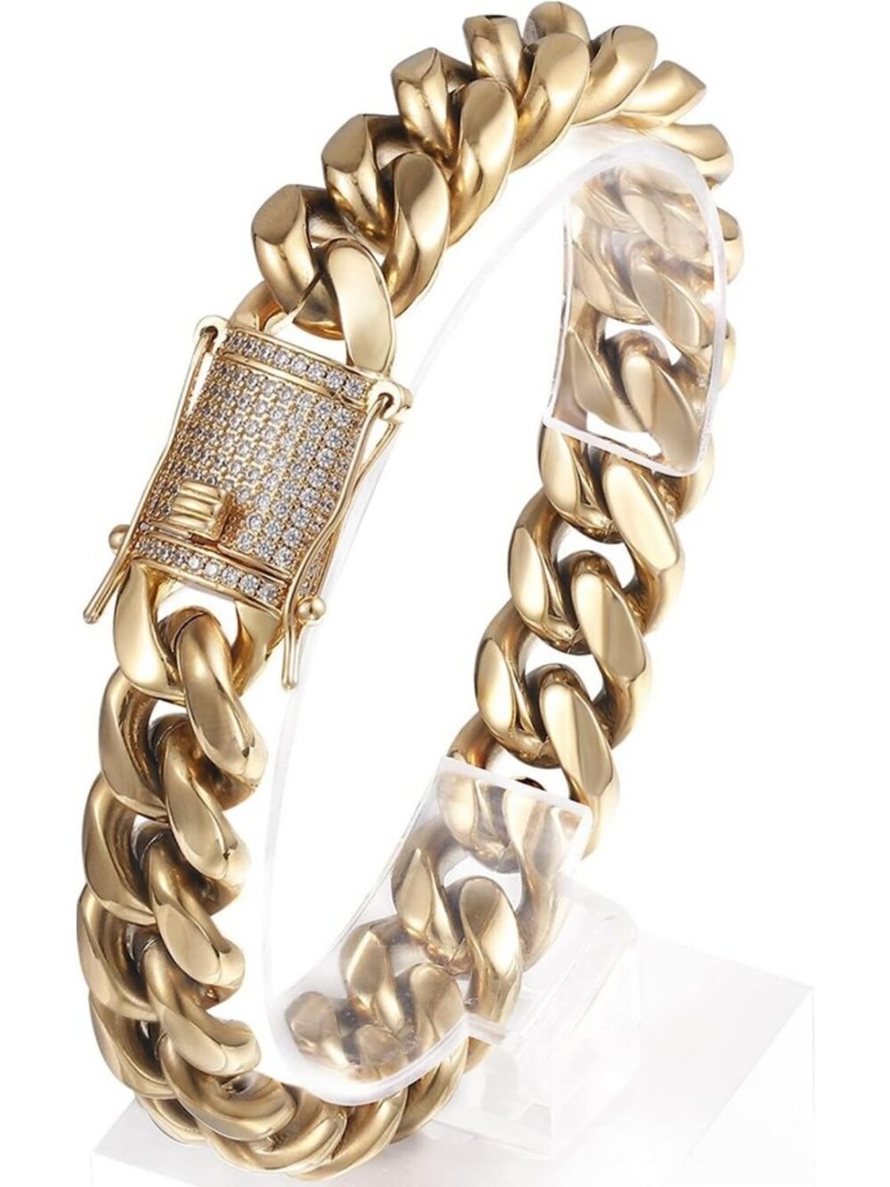 Heavy Stainless Steel Miami Cuban Link Bracelet 14k Gold Plated Lab Diamond